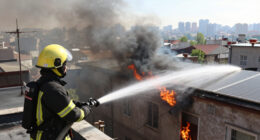 Fire Erupts On Building Roof In Ankara
